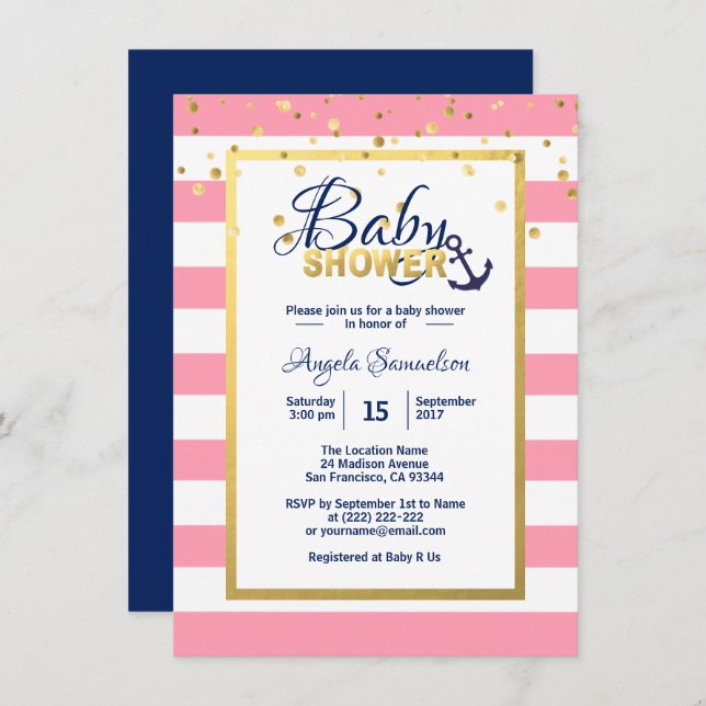 Invitation Baby shower bleu blanc bleu marine (Devant / Derrière)
