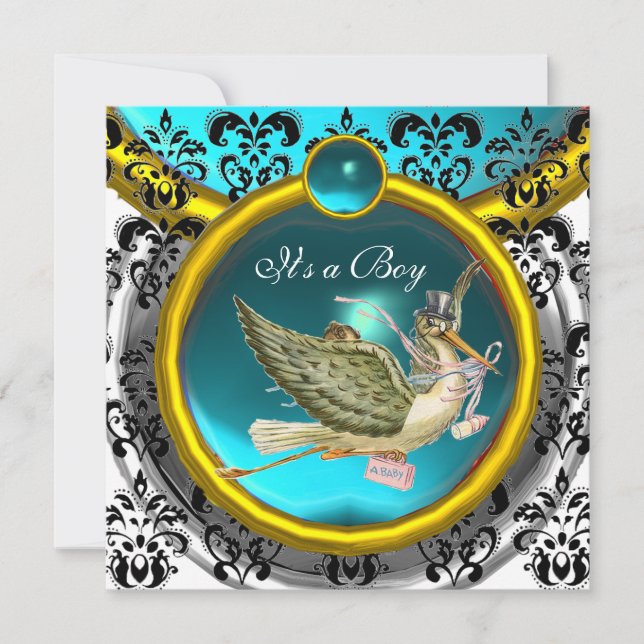 INVITATION BABY SHOWER BLEU BLANC OR DAMASK STORE MONOGRAM (Devant)