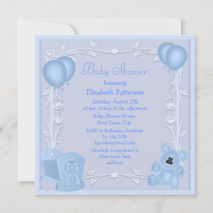 Invitation Baby shower Bleu Bleu Cute Teddy Bear & Crib
