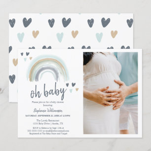 Invitation Baby Shower Bleu Bohème Arc-en-Ciel Photo Oh Bébé