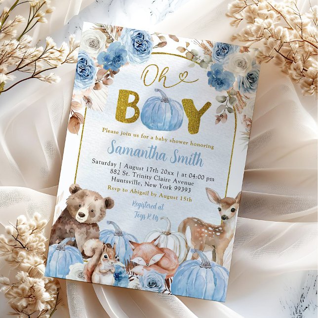 Invitation Baby Shower Bleu Bohème Forêt Automne Citrouille (Créateur téléchargé)