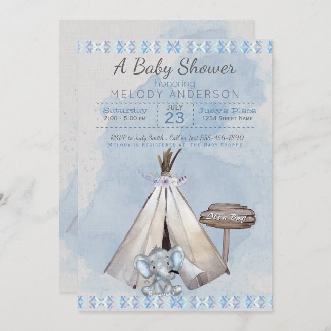 Invitation Baby shower bleu Boho Baby Elephant & Tipi (Devant / Derrière)
