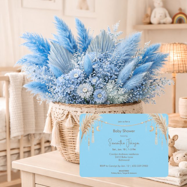 Invitation Baby Shower Bleu Boho Pampas (Créateur téléchargé)