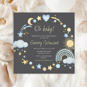 Invitation Baby shower bleu Boho Rainbow Nuages