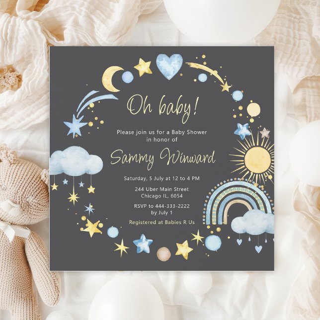 Invitation Baby shower bleu Boho Rainbow Nuages (Créateur téléchargé)