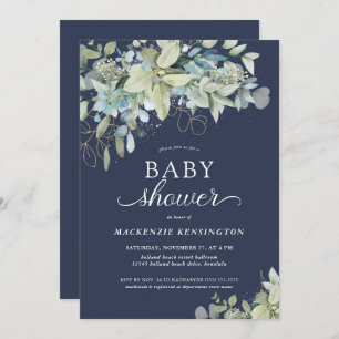 Invitation Baby shower Bleu Botanique Eucalyptus