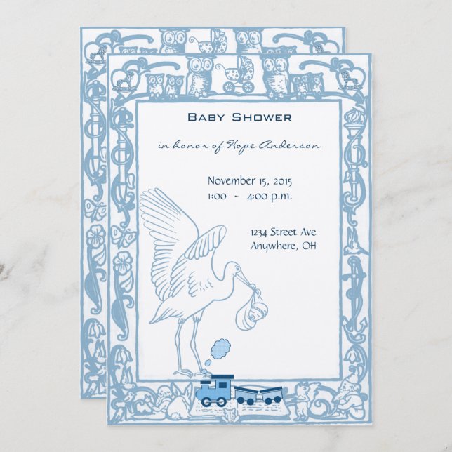 Invitation Baby shower Bleu Boutique Garçon, Chouette Choo Tr (Devant / Derrière)