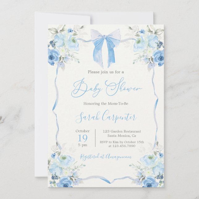 Invitation Baby shower bleu Bow garçon (Devant)