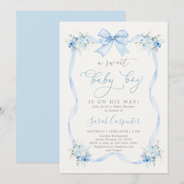 Invitation Baby shower bleu Bow garçon (Devant / Derrière)