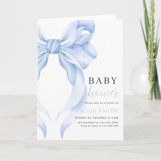 Invitation Baby shower Bleu Bow Invitation, Baby shower garço (Devant)