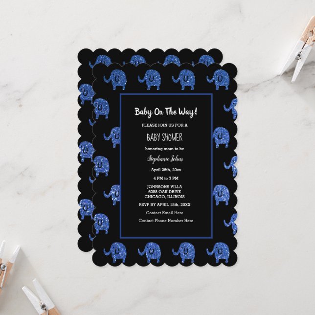 Invitation Baby shower bleu brillant Éléphant Animaux Noir (Devant/Arrière en situation)