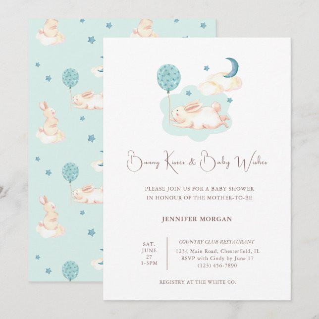 Invitation Baby shower bleu Bunny Dreams (Devant / Derrière)