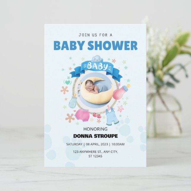 Invitation Baby shower bleu charmant (Debout devant)