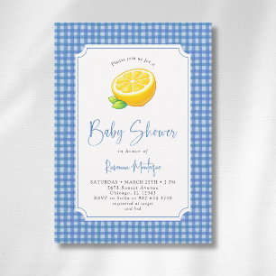 Invitation Baby Shower Bleu Clair à Carreaux à Motif Citron
