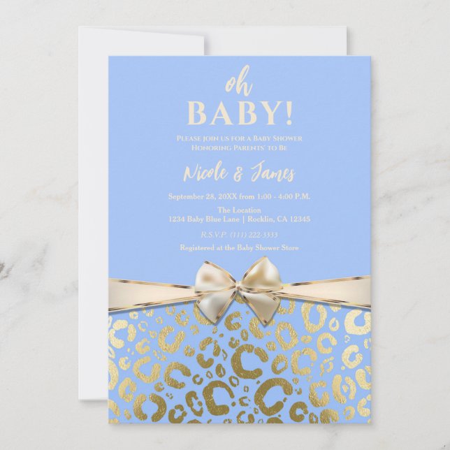 Invitation Baby Shower Bleu Clair & Or Imprimé Glam Léopard (Devant)