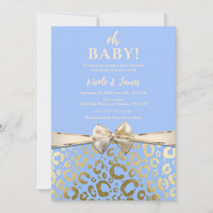 Invitation Baby Shower Bleu Clair & Or Imprimé Glam Léopard