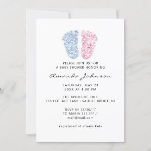 Invitation Baby shower bleu clair rose pieds Parties scintill