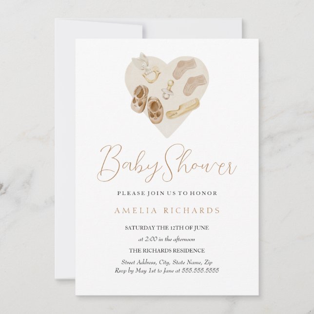 Invitation Baby shower bleu coeur doux Boho (Devant)