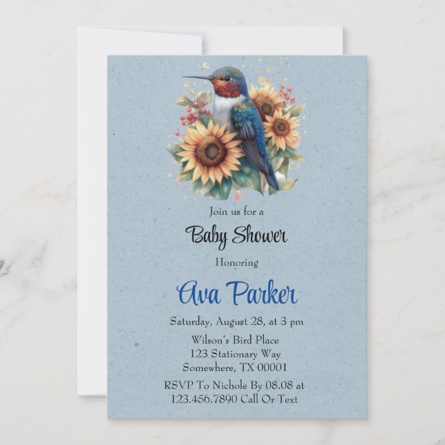 Invitation Baby shower bleu colibri et tournesol (Devant)