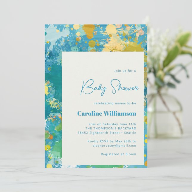 Invitation Baby shower Bleu Cool Peinture Abstraite moderne (Debout devant)