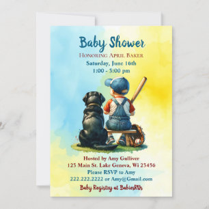 Invitation Baby shower bleu de baseball garçon et Black Lab