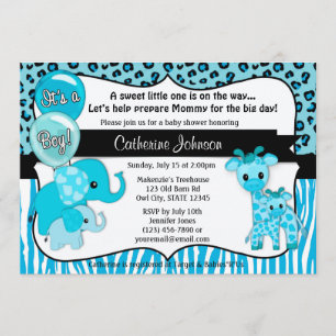 Invitation Baby shower bleu de girafe d'éléphant de safari