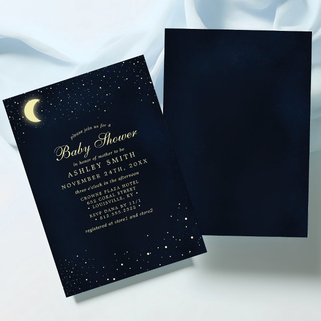 Invitation Baby Shower Bleu de Minuit Étoiles Lune Céleste (Créateur téléchargé)