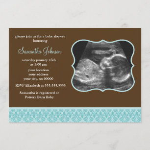 Invitation Baby shower bleu de sonogramme de motif de damassé