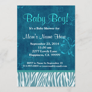 Invitation Baby shower bleu de zèbre et de garçon de