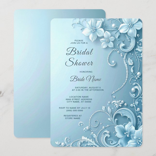 Invitation Baby Shower Bleu Décoratif Floral (Devant / Derrière)