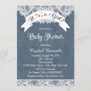Invitation Baby shower bleu Denim et dentelle