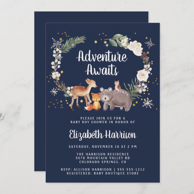 Invitation Baby shower Bleu d'hiver pour les animaux des bois (Devant / Derrière)