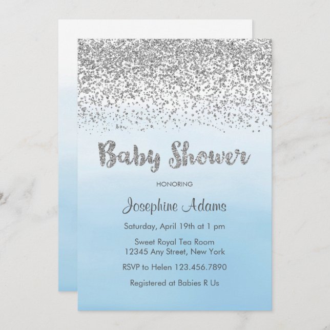 Invitation Baby shower bleu doux et argent (Devant / Derrière)
