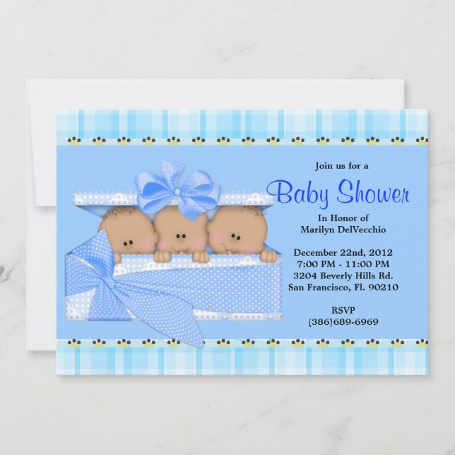 Invitation Baby shower bleu doux MIGNON de triplets (Devant)