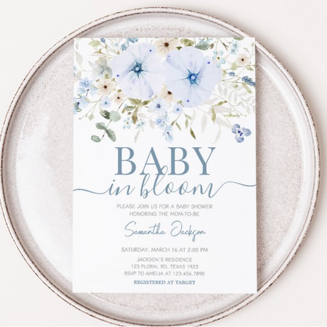 Invitation Baby shower bleu Dusty Baby Bloom (Boy Spring Flowers Baby Shower Invitation)