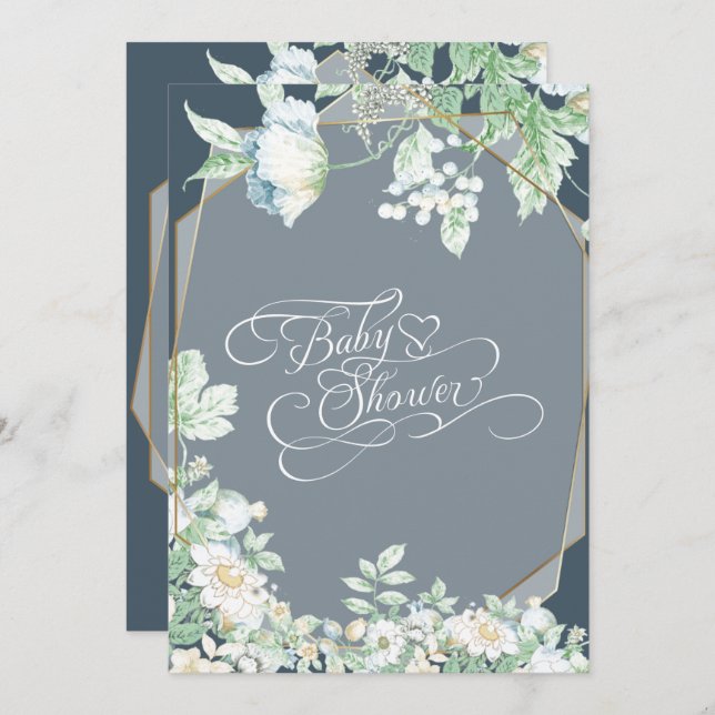 Invitation Baby shower | Bleu Dusty Berries Fleurs sauvages (Devant / Derrière)