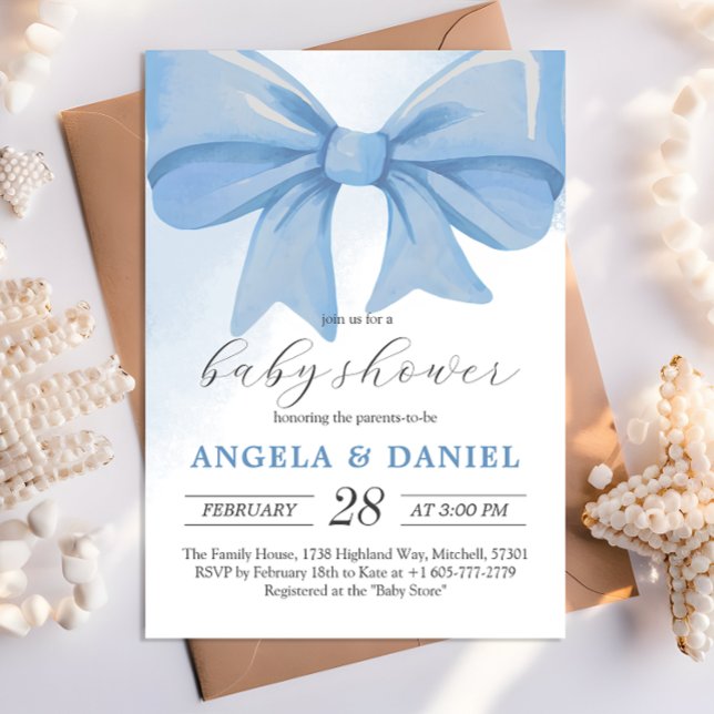 Invitation Baby shower bleu-duvet en aquarelle (Dusty Blue Watercolor Bow Baby Shower Invitation)