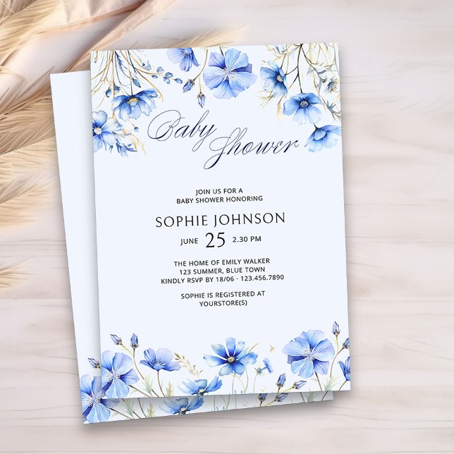 Invitation Baby shower Bleu Élégant été Floral (Blue Floral Baby Shower Invitation)