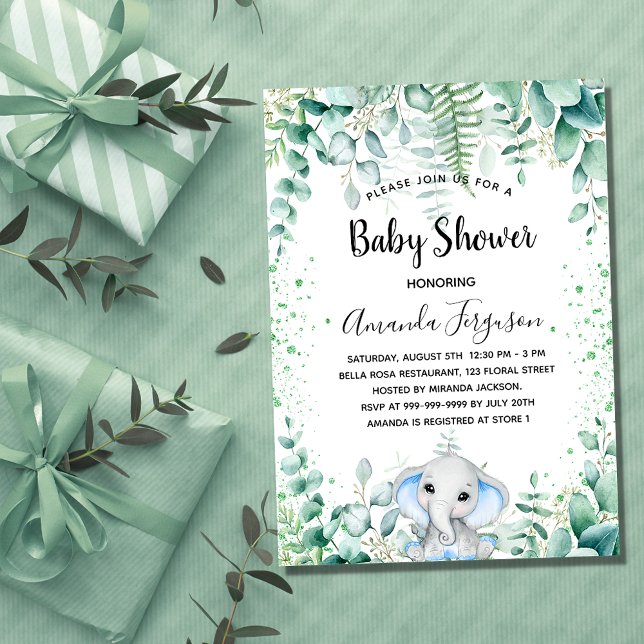 Invitation Baby shower bleu éléphant garçon eucalyptus vert (Créateur téléchargé)