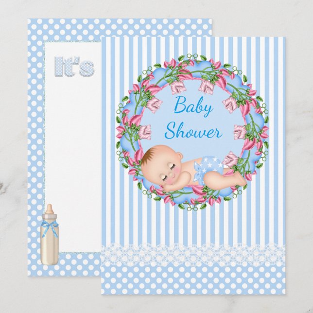 Invitation Baby shower Bleu en bande avec couchage (Devant / Derrière)