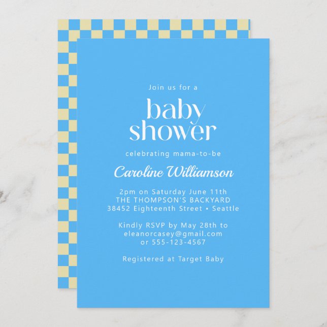 Invitation Baby shower bleu en damier esthétique rétro (Devant / Derrière)