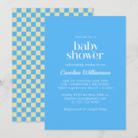 Baby shower bleu en damier esthétique rétro