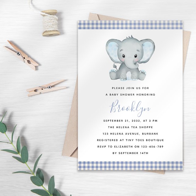 Invitation Baby shower bleu En vichy éléphant (Créateur téléchargé)
