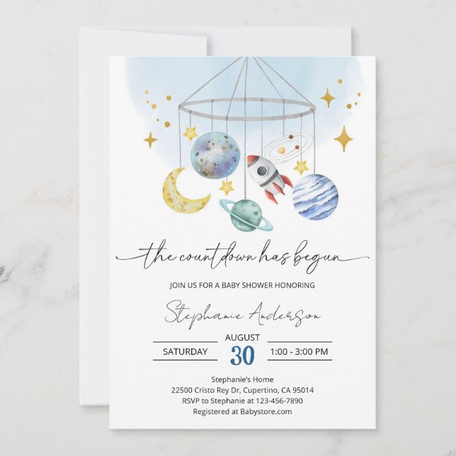Invitation Baby Shower Bleu Espace Galactique (Devant)