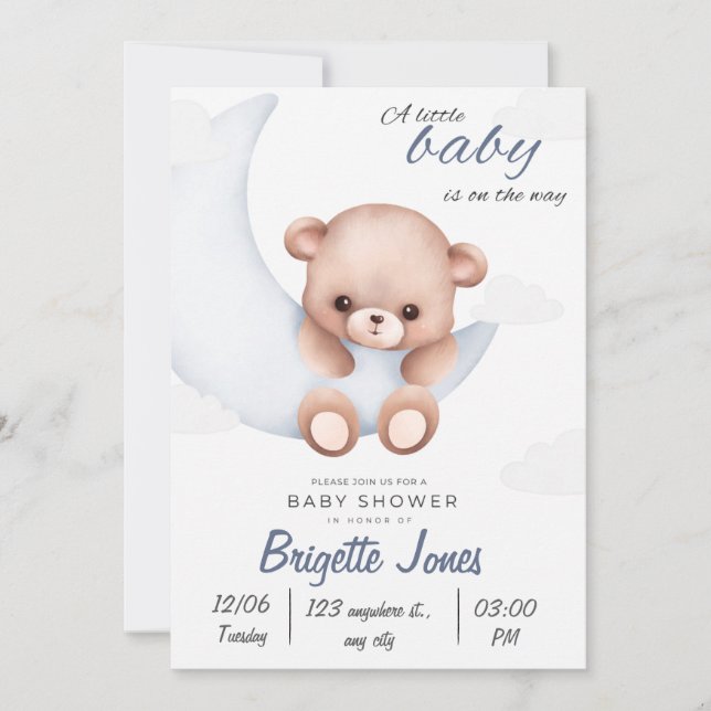 Invitation Baby shower bleu et blanc (Devant)