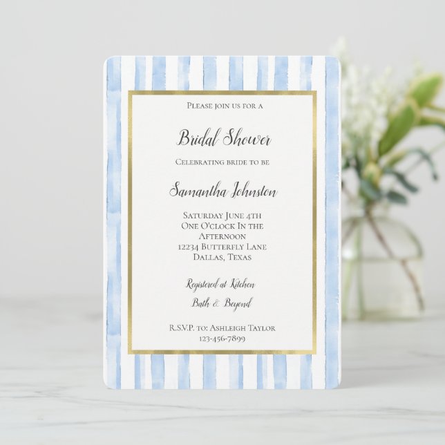 Invitation Baby Shower Bleu et Blanc à Rayures (Debout devant)