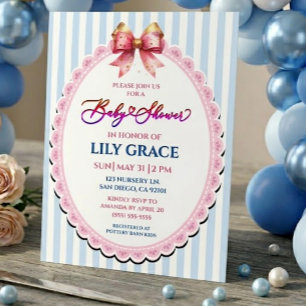 Invitation Baby-Shower Bleu et Blanc avec Ruban Doré et Rose