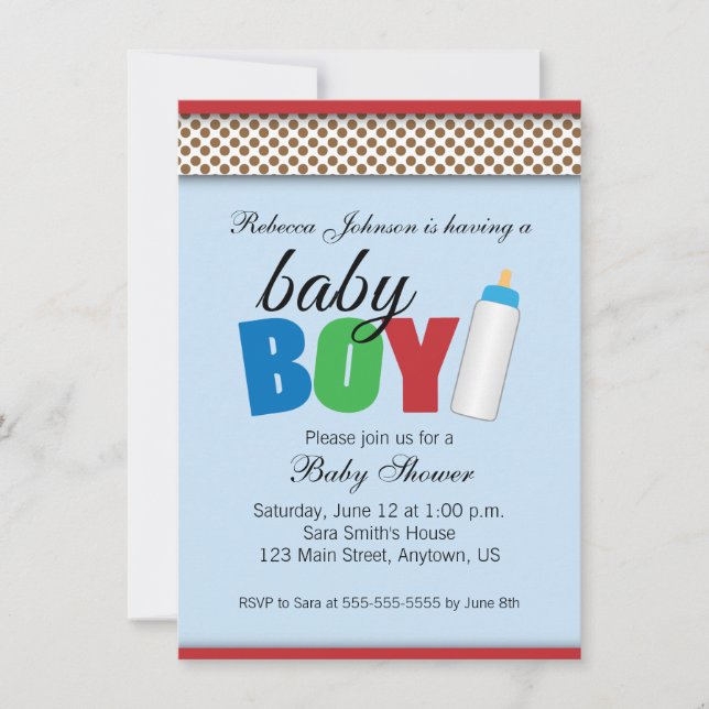 Invitation Baby shower bleu et Brown Pois Garçon (Devant)