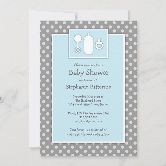 Invitation Baby shower Bleu et gris Blinky Blinky Rattle (Devant)