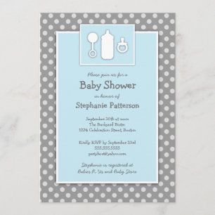 Invitation Baby shower Bleu et gris Blinky Blinky Rattle